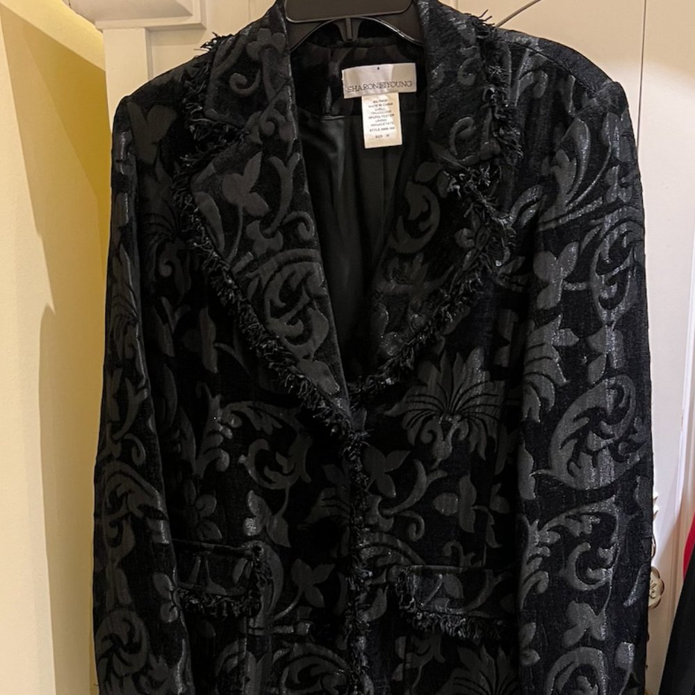Sharon Young long black velvet button up coat